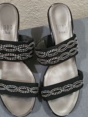 Black Embellished Double-Strap Slide Sandals By Impo Flex